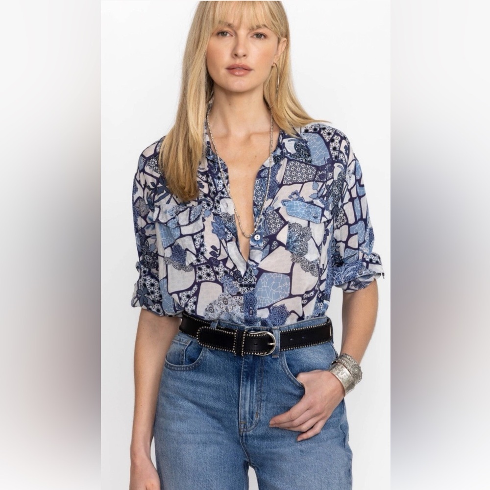 Johnny Was Moonlight Leya Button Up Shirt Floral Cupra Rayon Blouse sz XL